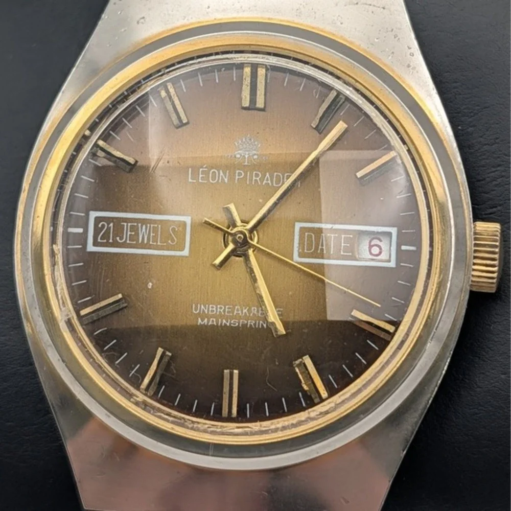 Leon Piradet 21 Jewels Swiss Manual Watch Amber Sunburst‎ Dial Faceted Crystal